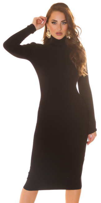 Basic Midi Knit Dress with Turtleneck Black